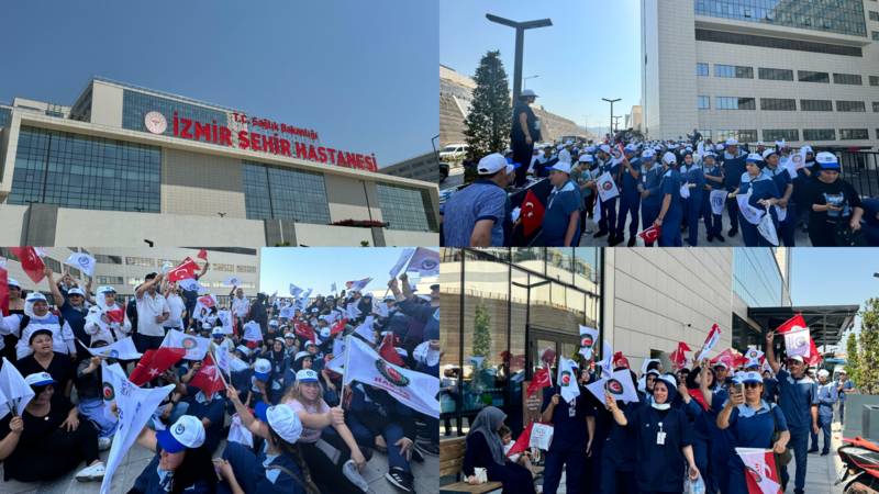 İzmir Şehir Hastanesi’nde temizlik işçileri iş bırakarak düşük ücret ve yoğun çalışma koşullarını protesto etti